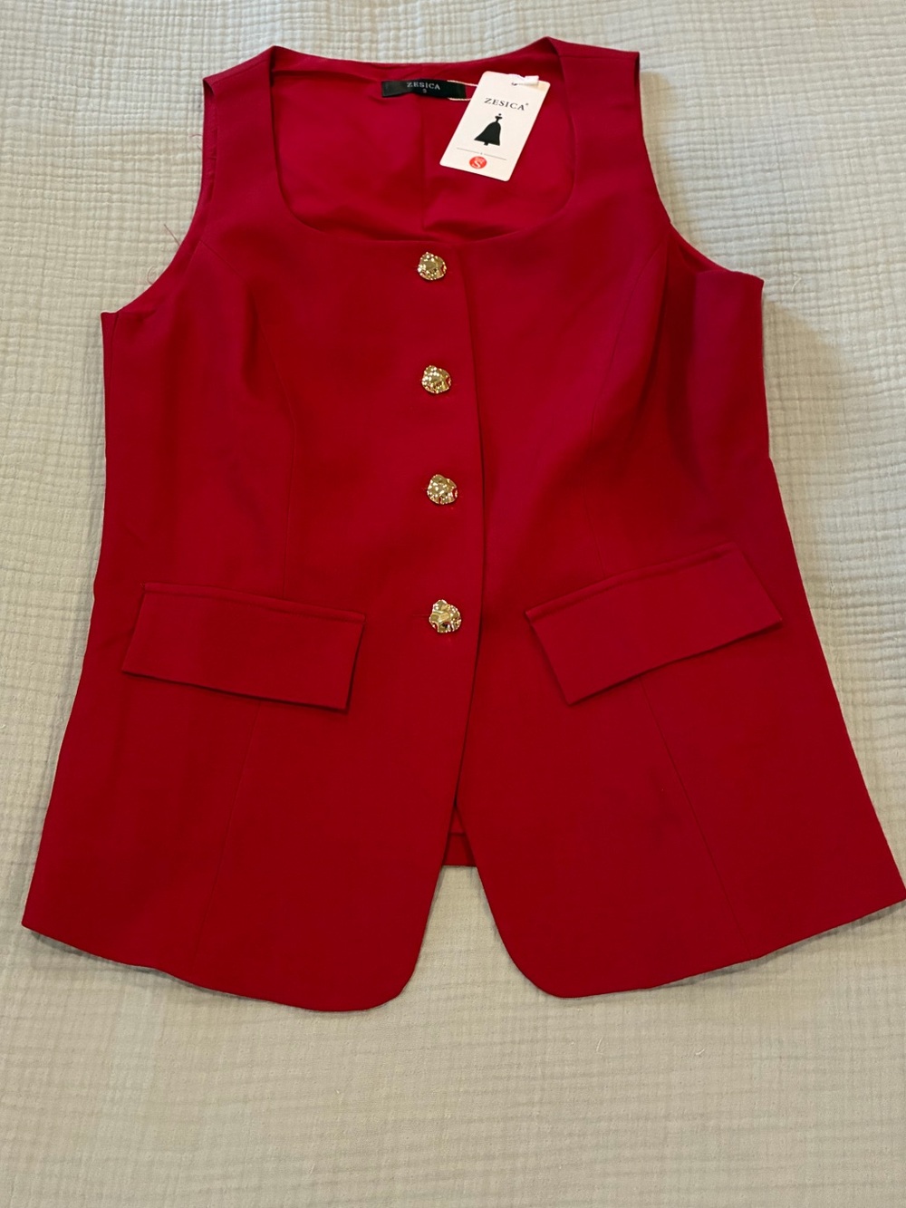 Red Sleeveless Button Front Vest with Gold Buttons